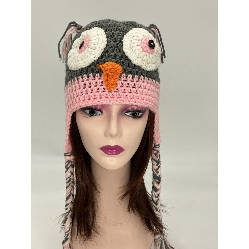 Handmade Crochet Owl Beanie Hat Adult Braids Quirky Kitschy Cozycore‎